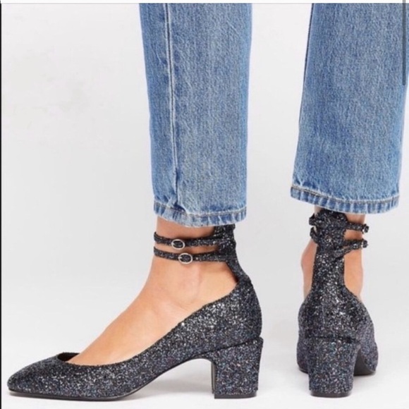 NEW Free People Lana Block Heel Dark Blue Glitter - Picture 3 of 9
